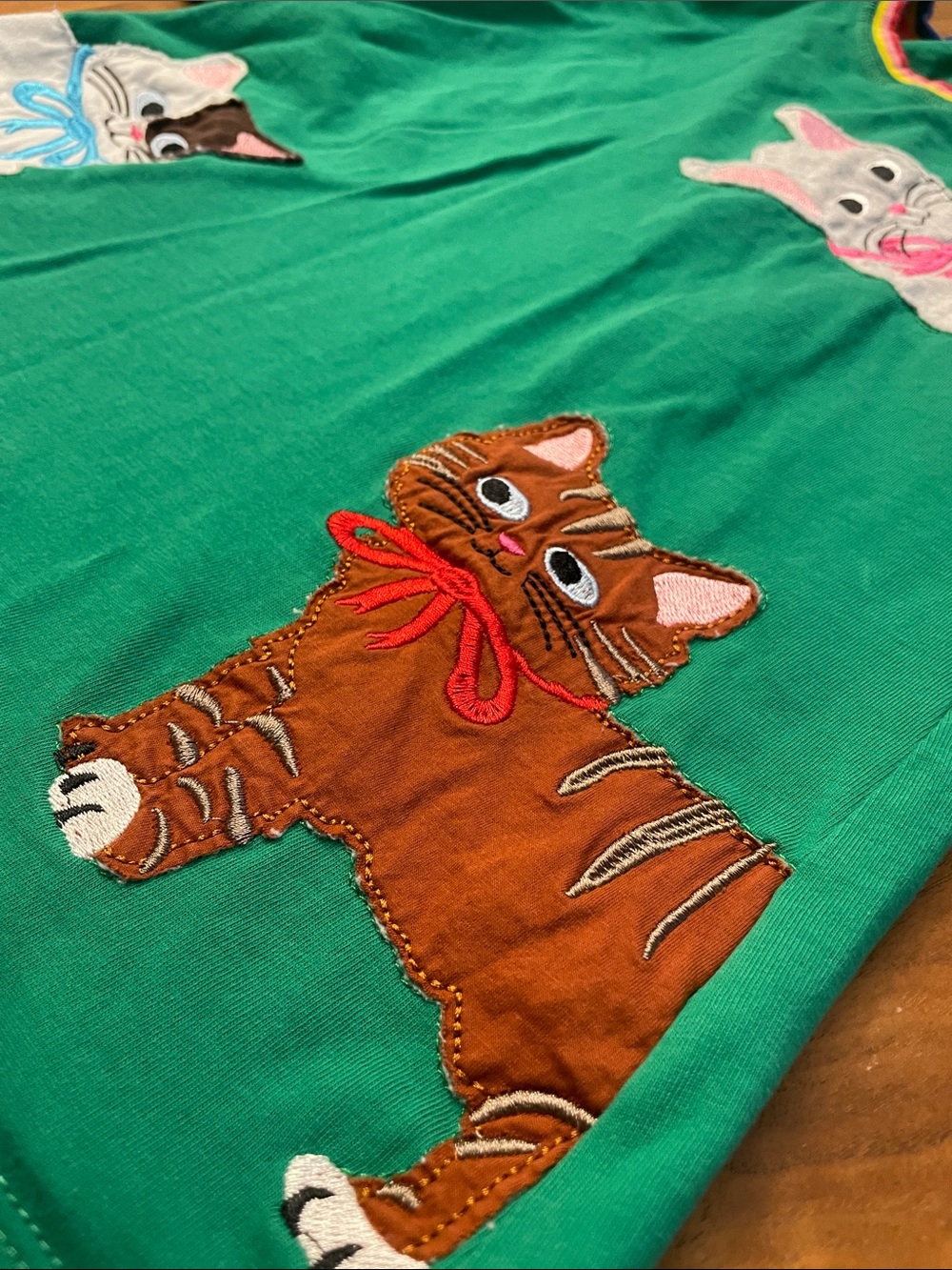 Girls Green Cat Appliqué Long Sleeve Dress - Picture 3 of 5